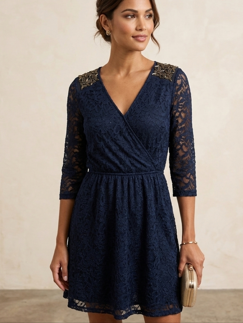 Studio Y Navy Blue Lace 3/4 Sleeve Embellished Shoulder Cocktail Dress Size XL